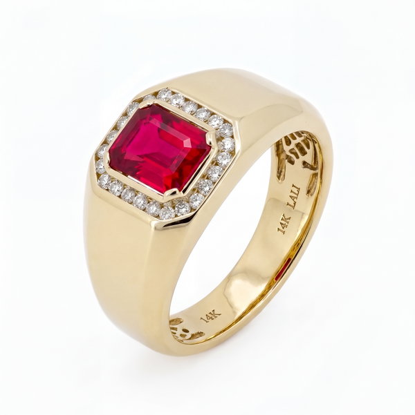 Closeup photo of 14K YELLOW GOLD DIAMOND AND RUBY MEN'S RING