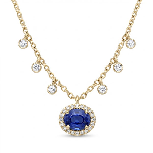 Closeup photo of 14K Yellow and White Gold Sapphire .46ct and Diamond .07ct 7 Drop Adj Necklace