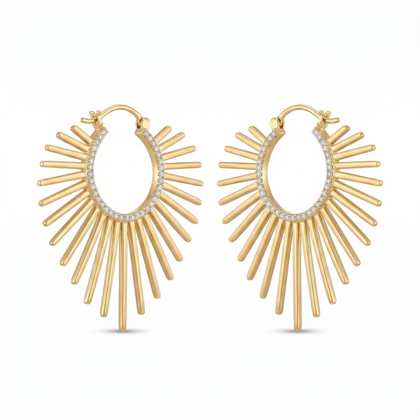 Closeup photo of Sunburst Hoops Earrings In 14K Yellow Gold