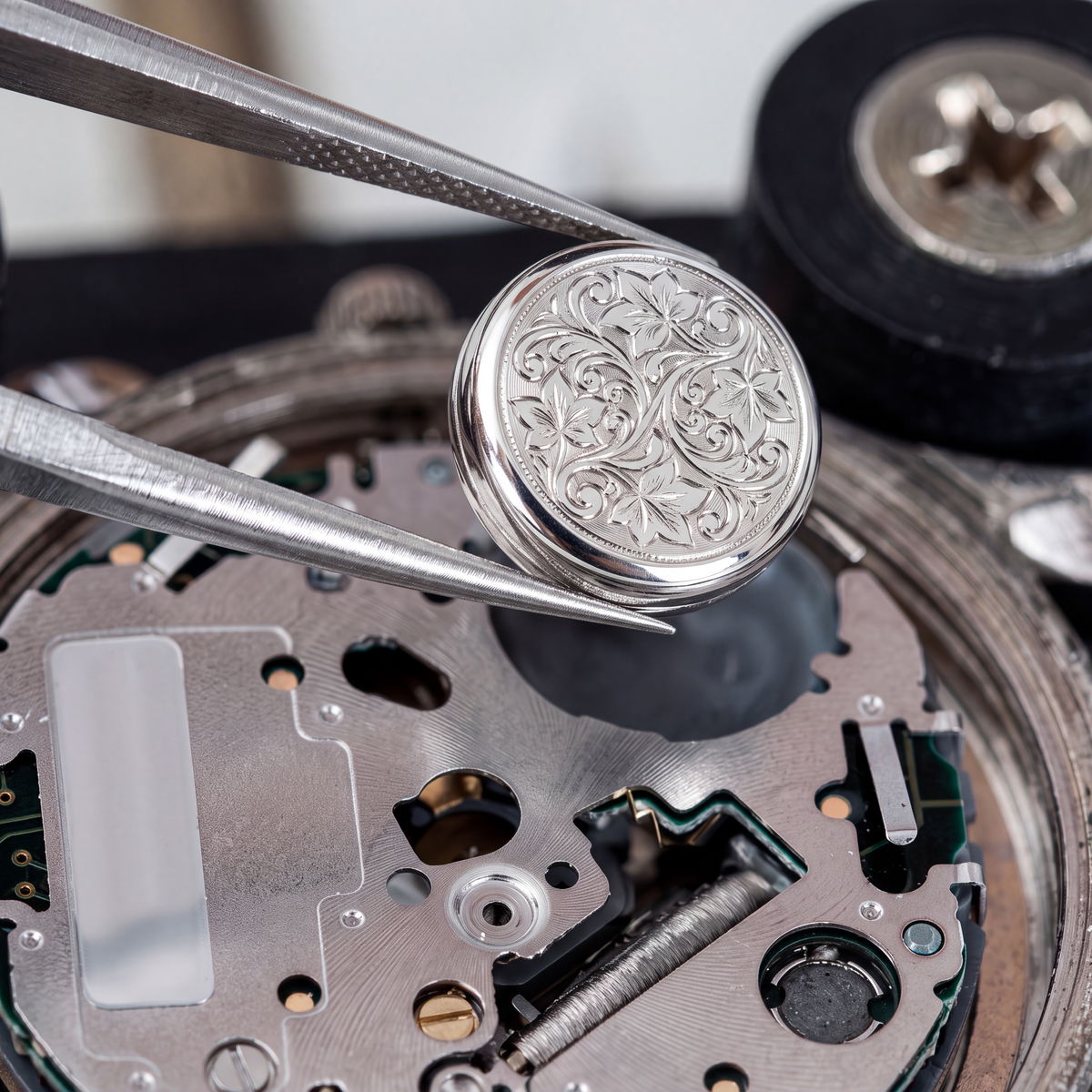 Tweezers holding a silver watch battery above an open quartz watch movement