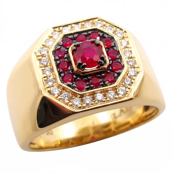 Closeup photo of 14K YELLOW GOLD DIAMOND AND RUBY MEN'S RING