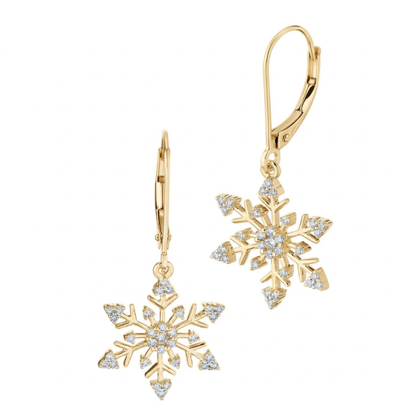 Closeup photo of 14kw Yellow Gold Snowflake Drops on Lever-Backs Earrings Diamond 0.40 Ctw