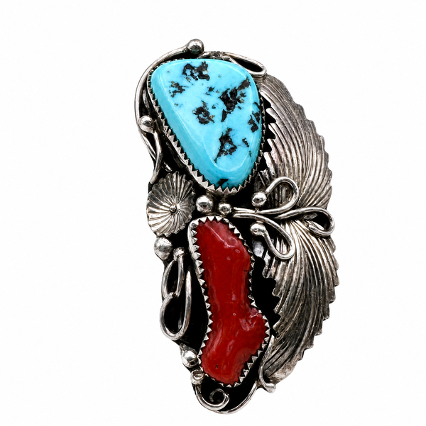 Closeup photo of 925 Sterling Native Turquoise & Coral Feather Ring 24.9g s8