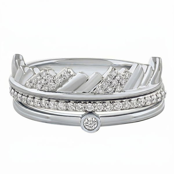 Closeup photo of 14K White Gold Ring 3 Pieces Textured Mountains with Bezel Set Center Diamond 0.24 Ctw