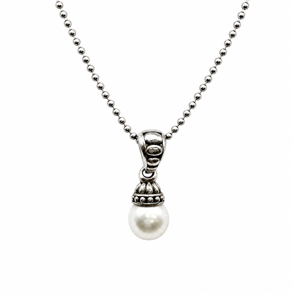 Closeup photo of 925 Sterling Lagos Pearl Pendant Necklace 6.8g 16"/18"
