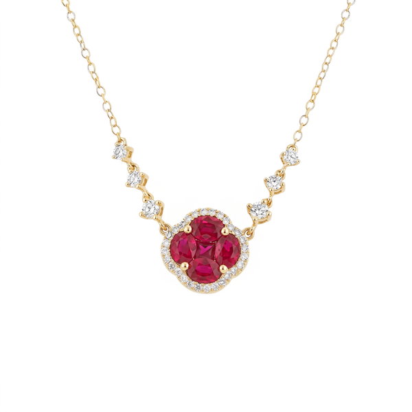 14KY .40CT RB DIAMOND HALO SET 1.25CT RUBY NECKLACE