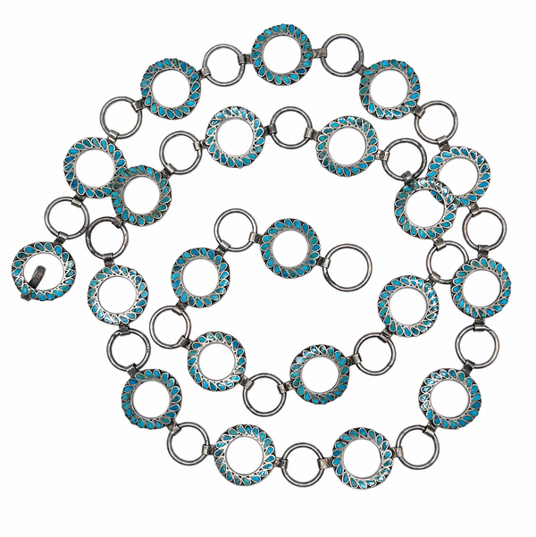Closeup photo of 925 Sterling Native Zuni 21 Inlay Turquoise Station Concho Belt 84.7g, 36.5"