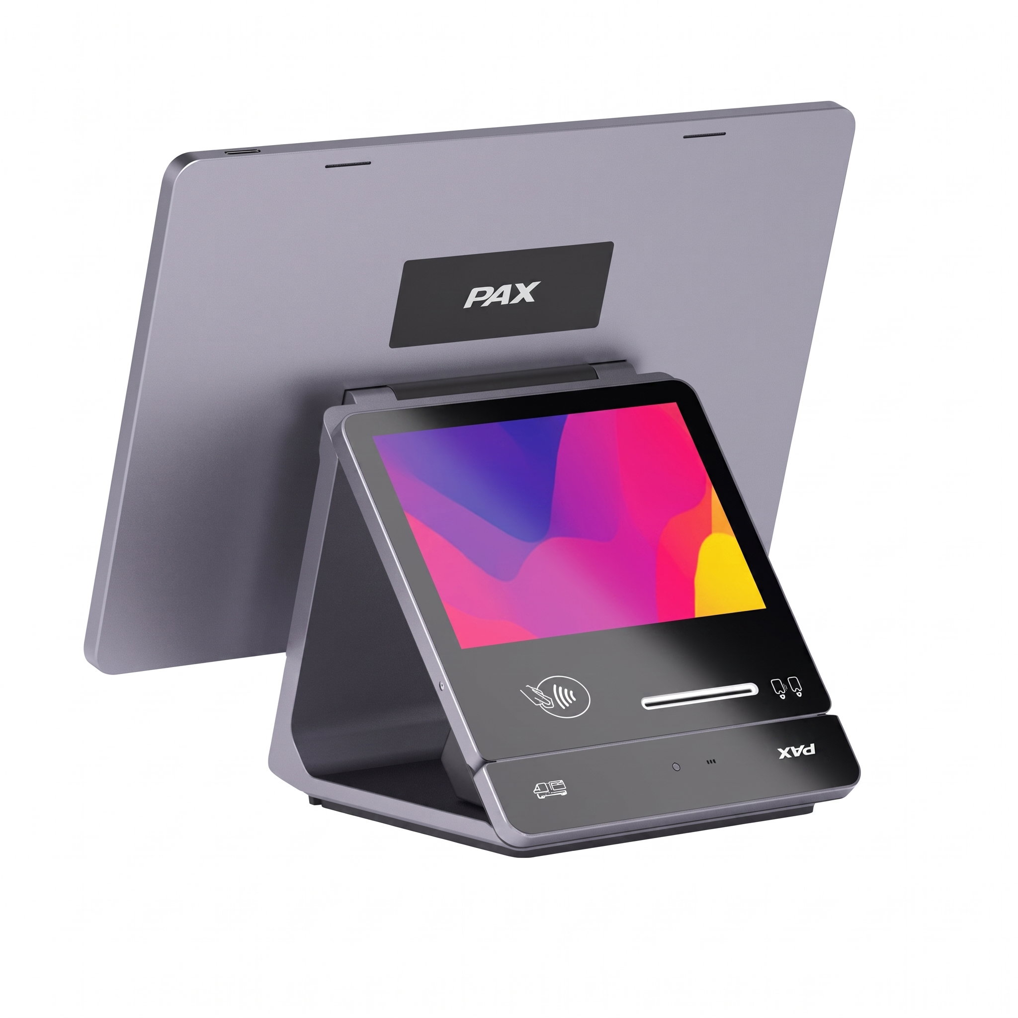 PAX branded black touchscreen POS terminal with card slot, NFC contactless payment symbol, and receipt printer on top