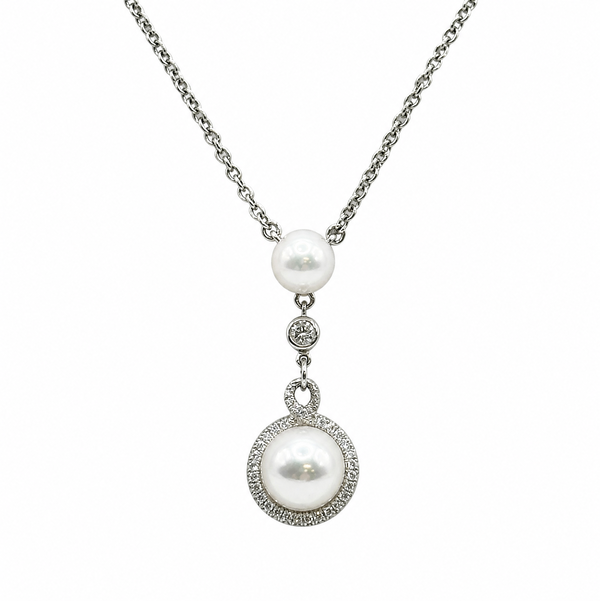 Closeup photo of 18K WG Mikimoto 8.5mm & 6.3mm Pearl & .17tcw RBC Diamond Double Drop Necklace 7.7g, s