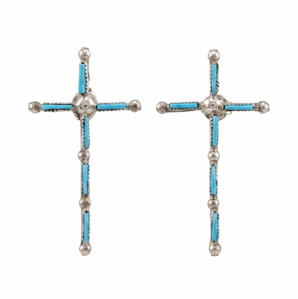 Closeup photo of Sterling Silver Zuni Turquoise Cross Studs