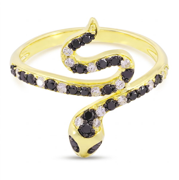 Closeup photo of 14K YELLOW GOLD DIAMOND AND TREATED BLACK DIAMOND SNAKE RING
