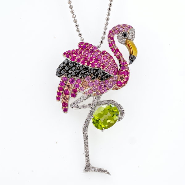 Closeup photo of 14K WHITE GOLD DIAMOND, TREATED BLACK DIAMOND, MULTICOLOR SAPPHIRE AND PERIDOT FLAMINGO PENDANT WITH CHAIN