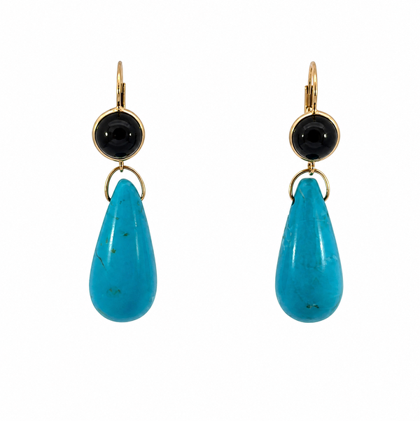Closeup photo of 14K YG 25tcw Teardrop Turquoise & Onyx Drop Earrings 10.0g, 1.7"
