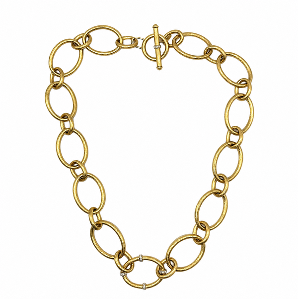 Closeup photo of 18K YG JudeFrances Open Oval Link Station Necklace .16tcw RBC Diamond Necklace 25.9g, 18"