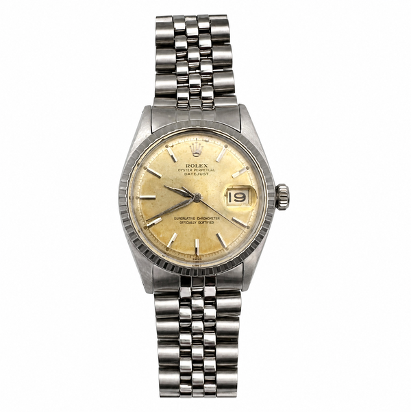 Closeup photo of Rolex Stainless Steel 1603 36mm Silver Patina Dial on Juibilee Bracelet 821726, c1962