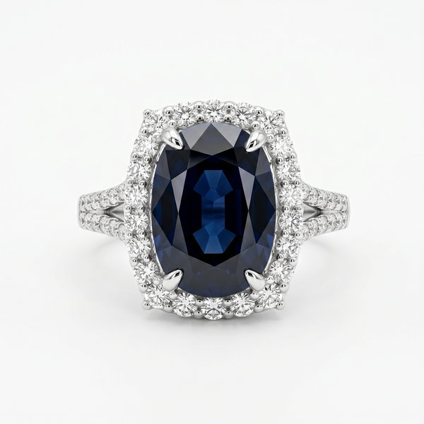 Closeup photo of Platinum 7.60ct Oval Sapphire GIA & 1.12tcw Diamond Halo Ring 6.6g, s6.25