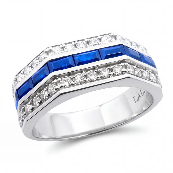 Closeup photo of 14K WHITE GOLD DIAMOND AND SAPPHIRE MEN'S RING