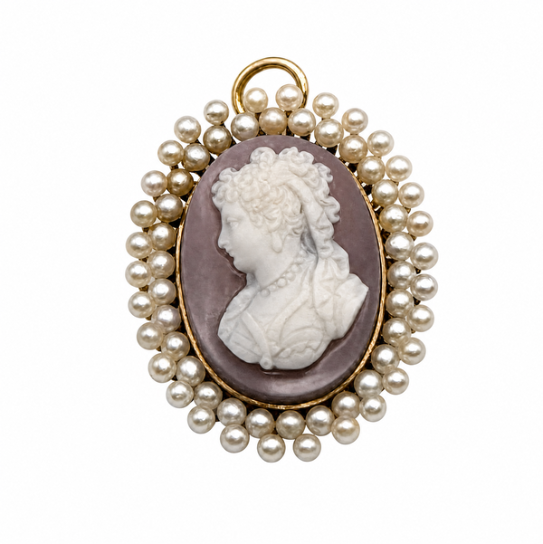 Closeup photo of 14K YG Victorian Carved Shell Cameo & Seed Pearl Pendant Brooch 4.6g