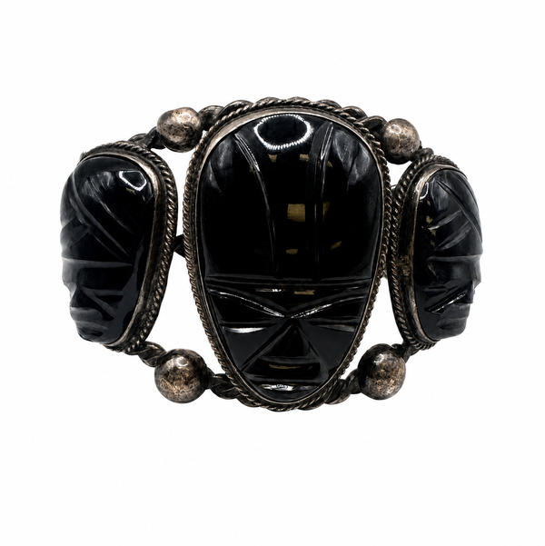 Closeup photo of 925 Sterling Native Zuni 3 Black Onyx Carved Face 94.5g
