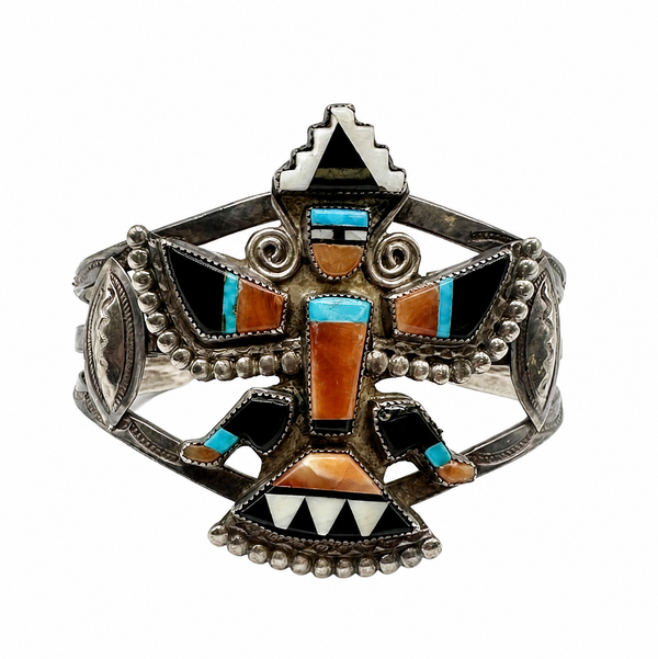 Closeup photo of 925 Sterling Native Zuni Knifewing Inlay Gemstone Cuff Bracelet 44.9g