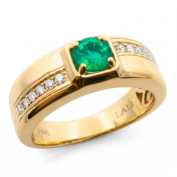 Closeup photo of 14K YELLOW GOLD DIAMOND AND EMERALD MEN'S RING