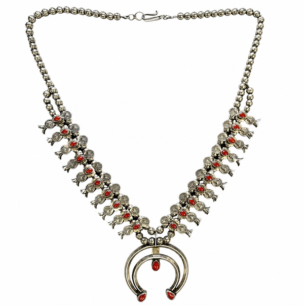 Closeup photo of 925 Sterling Native D. Smcyn Coral Squash Blossom Necklace 93.0g, 24"