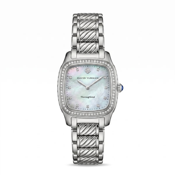 Closeup photo of 925 & SS David Yurman Thoroughbred Diamond Watch T303-SST Blue MOP Dial Watch B-03932, Chipped Dial