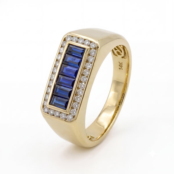 Closeup photo of 14K YELLOW GOLD DIAMOND AND SAPPHIRE MEN'S RING