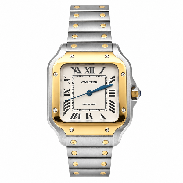 Closeup photo of 18K SS Santos De Cartier Watch Medium Model, Auto, Metal + Leather Bracelet 4075 508328cx