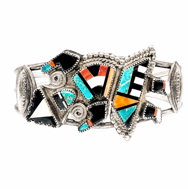 Closeup photo of 925 Sterling Native Zuni Kachina Inlay Gemstone Cuff Bracelet 38.4g,