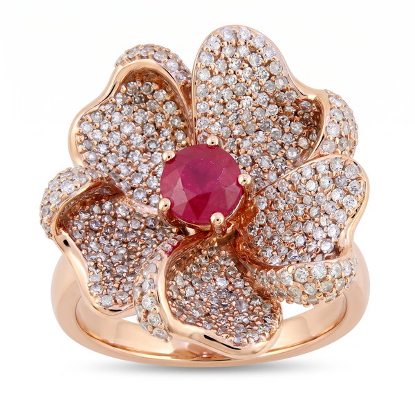 Closeup photo of 14K ROSE GOLD DIAMOND AND ROUND FLOWER RING