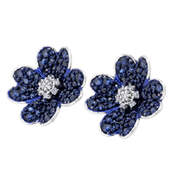 Closeup photo of 14K WHITE GOLD DIAMOND AND SAPPHIRE FLOWER EARRING