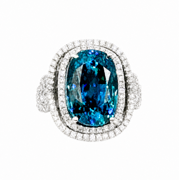 Closeup photo of 18K WG Spark Gorgeous 18.77ct Cushion Blue Zircon & 1.53tcw RBC Diamond Ring 14.7g, s6.75