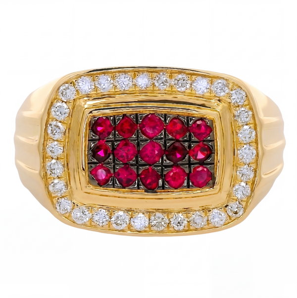 Closeup photo of 14K YELLOW GOLD DIAMOND AND RUBY MEN'S RING