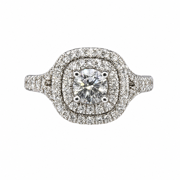 Closeup photo of 14K WG Jeff Cooper .44ct RBC Forevermark & .49tcw RBC Diamond Double Halo Ring 5.1g, s6.5