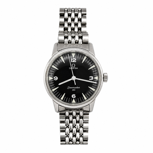 Closeup photo of Omega Seamaster SS 135.007-63 Black Military Dial 35.2mm Watch on Bracelet