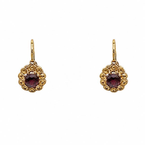 Closeup photo of 18K YG Victorian Cushion Ruby Earrings 3.5g