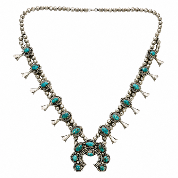 Closeup photo of 925 Sterling Native Stamped NE Turquoise Squash Blossom Necklace 164.1g,