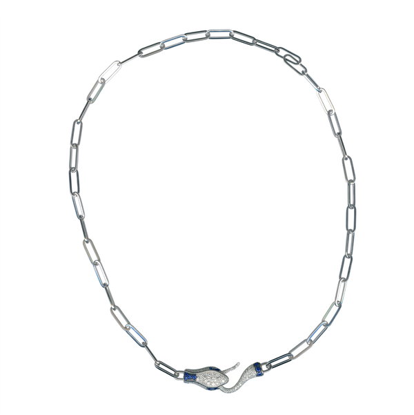 Closeup photo of 14K WHITE DIAMOND AND SAPPHIRE SNAKE NECKLACE