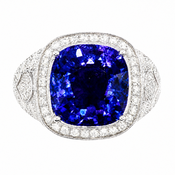 Closeup photo of 18K WG Spark Gorgeous 8.06ct Cushion Tanzanite & 1.29tcw RBC Diamond Ring 12.4g, s6.5