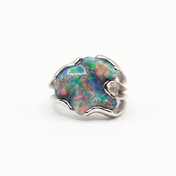 Closeup photo of 18K WG Amazing Freeform 4.25 Black Opal Red, Green, Blue Split Shank Ring 11.1g, s6.5