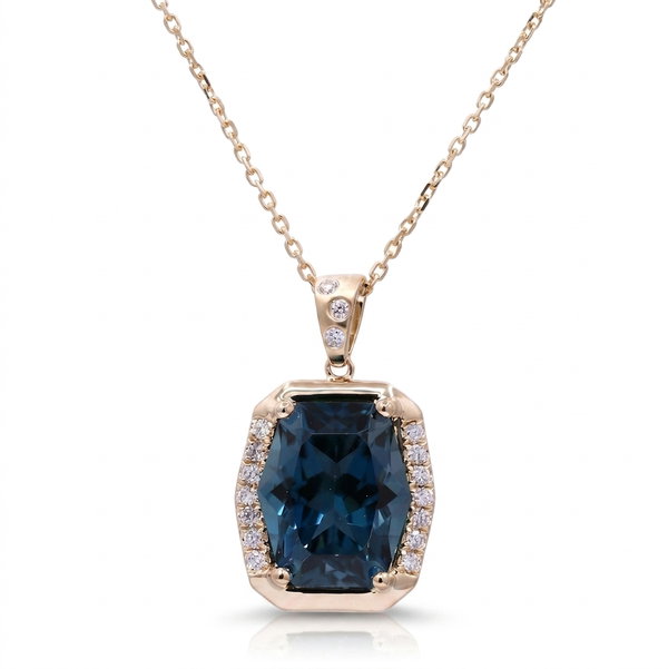 Closeup photo of 14k Yellow Gold 6.73ct London Blue Topaz with .16ct Diamond Necklace