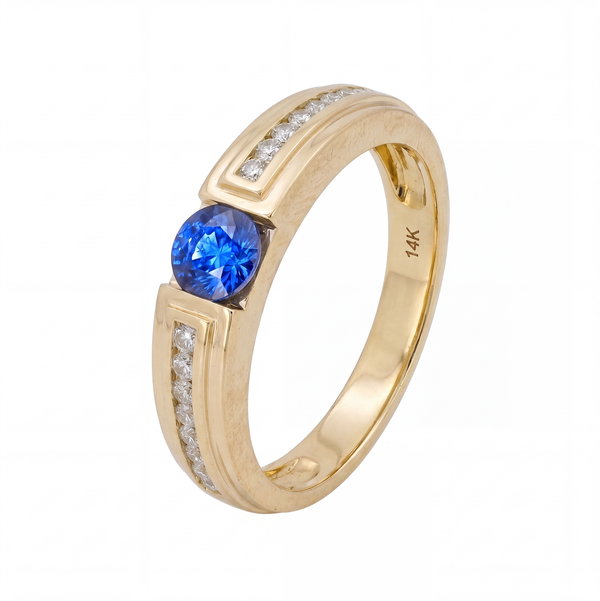 Closeup photo of 14K YELLOW GOLD DIAMOND AND SAPPHIRE MEN'S RING