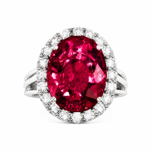 Closeup photo of 18K WG 10.76ct Oval Rubellite Tourmaline & .99tcw RBC Diamond Ring 11.2g, s6.75
