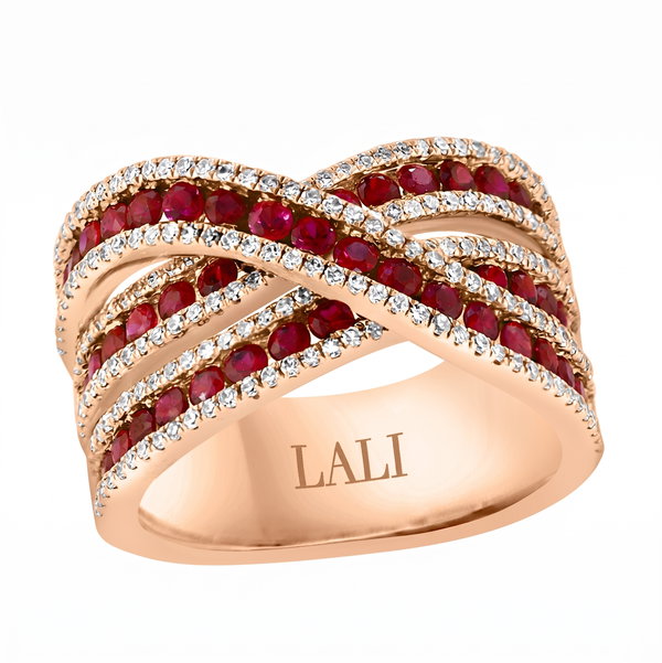 Closeup photo of 14K ROSE GOLD DIAMOND AND RUBY RING