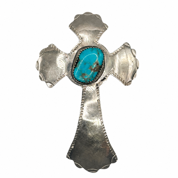 Closeup photo of 925 Sterling Native Navajo Turquoise Cross Pendant 12.9g, 3.25"