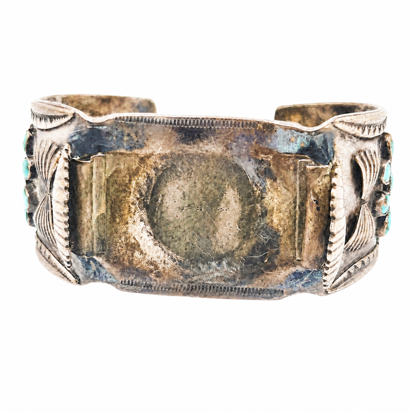 Closeup photo of 925 Sterling Native Zuni Turquoise Watch Cuff Bracelet 59.4g