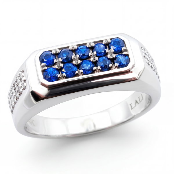 Closeup photo of 14K WHITE GOLD DIAMOND AND SAPPHIRE MEN'S RING