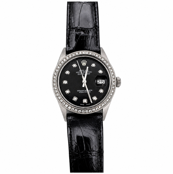 Closeup photo of Rolex Stainless Steel 1601 36mm AM Black Diamond DIal & Bezel on Black Strap 5245108, c1977