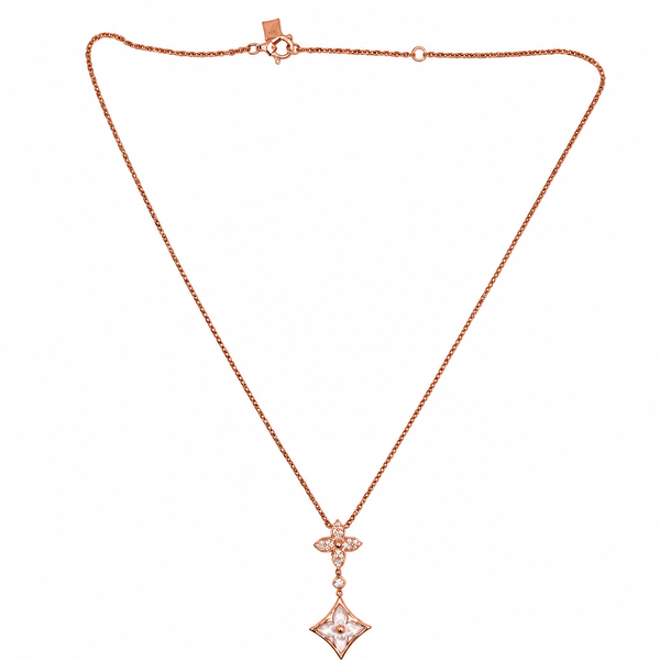 Closeup photo of 18K RG LOUIS VUITTON Color Blossom M Star Multi-Motif .20tcw Diamonds & MOP Pendant Necklace 7.9g,